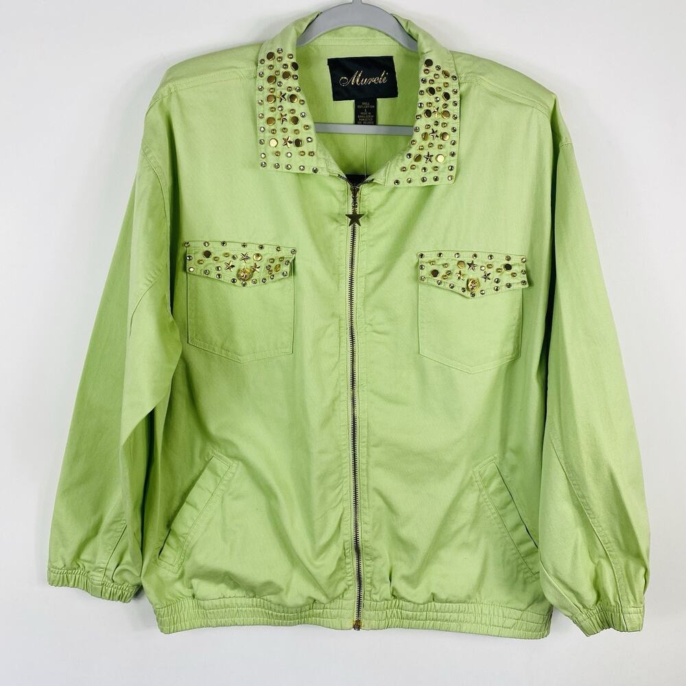 Mureli Jacket Large Green Vintage Stud Charm Embellished Zip Up Cotton Pockets